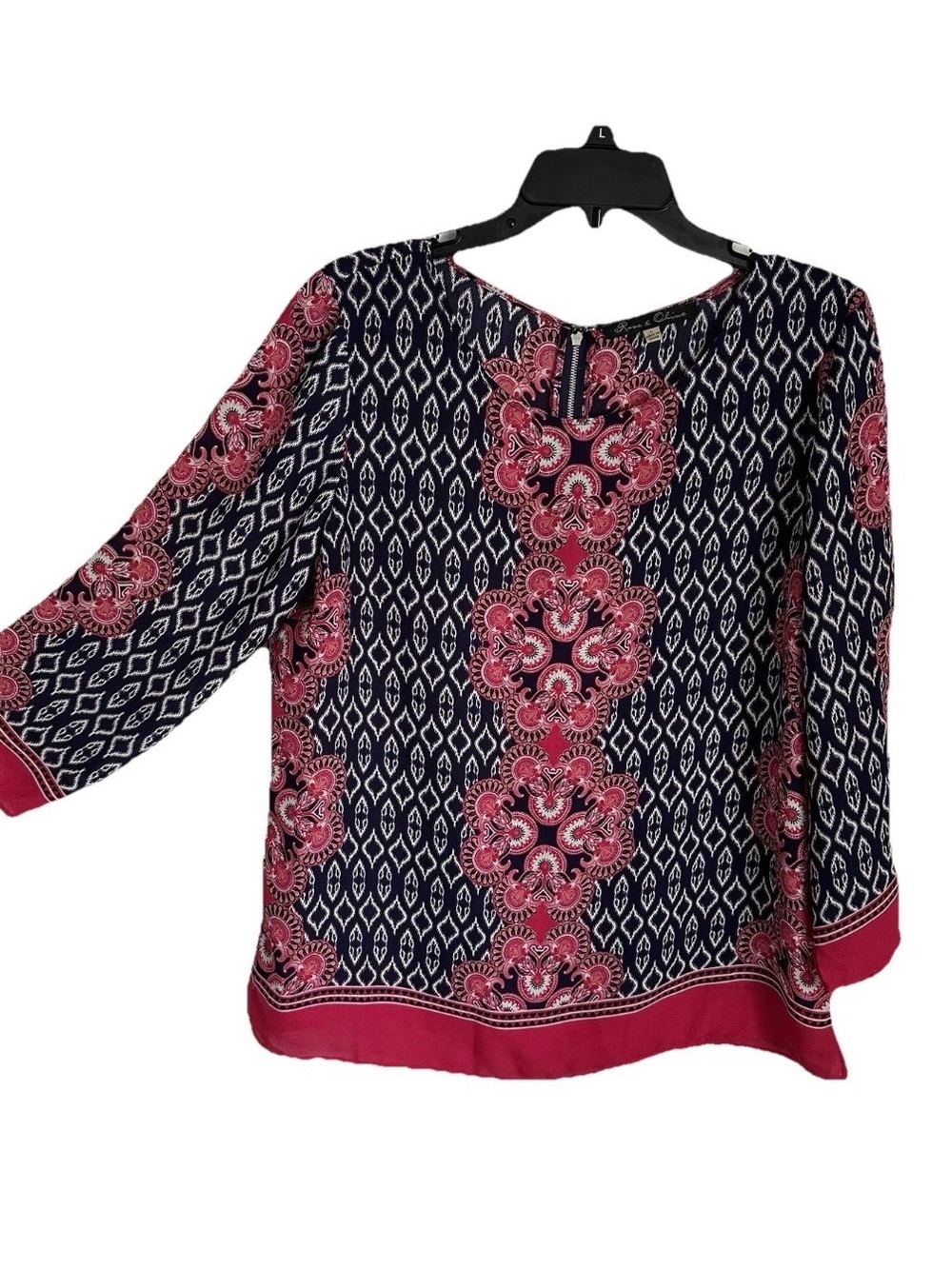 Rose & Olive Womens L Pink Navy Geometric Long Sleeve Top Boho Career Flowy